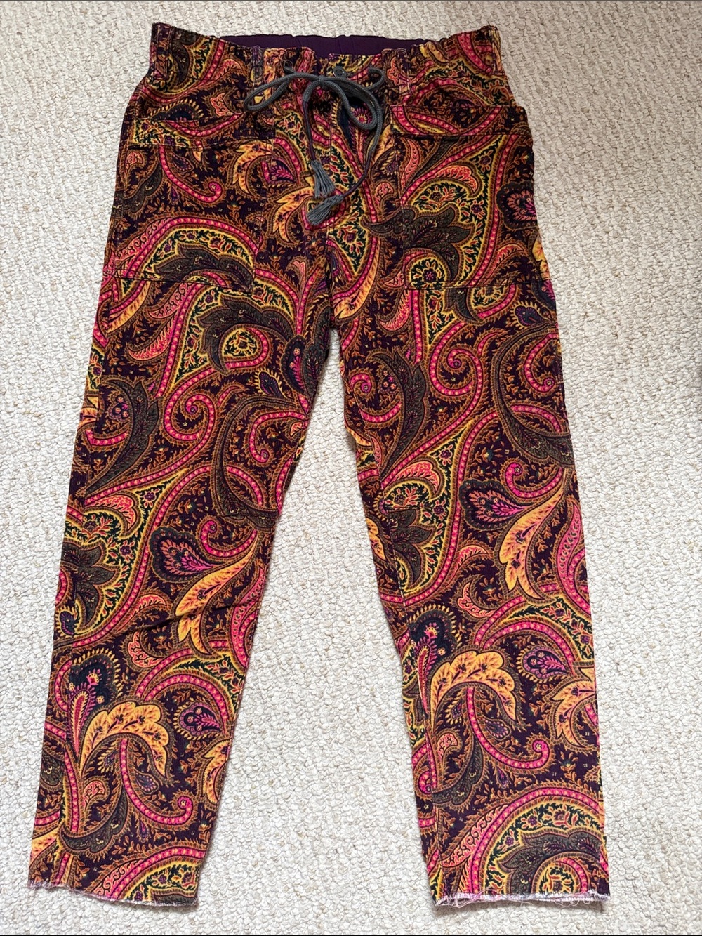 Free People Paisley Pull-On Straight Leg Pants — Pink, Gold, Black